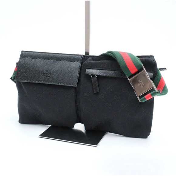 Authentic Gucci black belt bag with green and red belt and chrome hardware